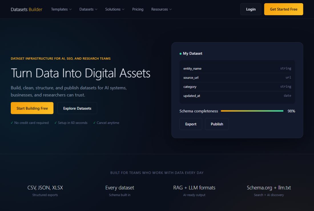Homepage of DatasetsBuilder.com