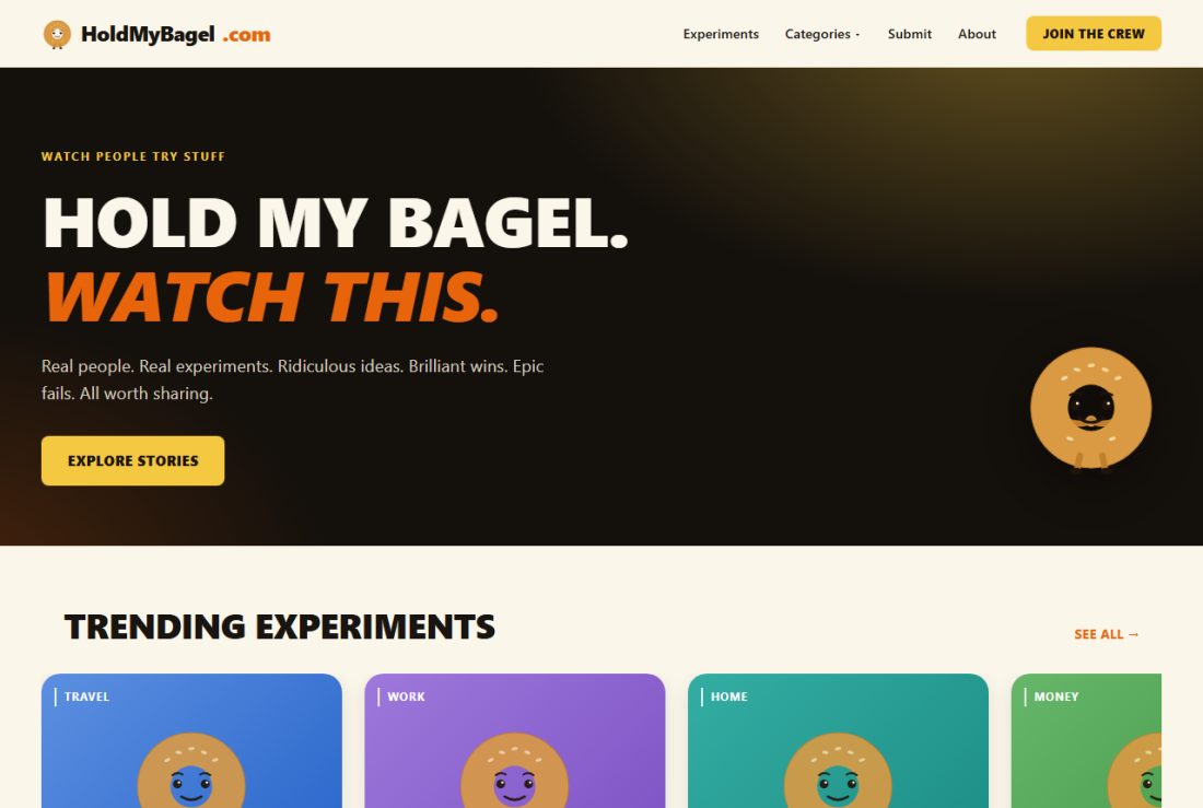 Homepage of HoldMyBagel.com