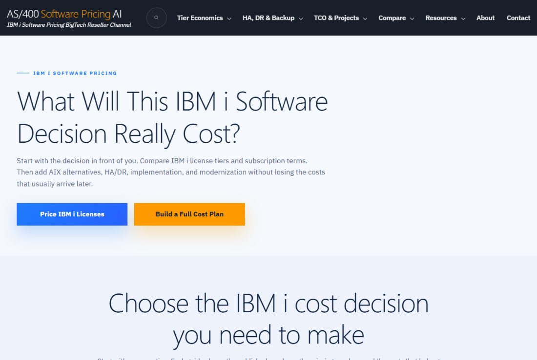 Homepage of pricing.as400software.com